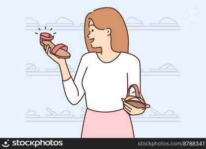 Smiling young woman choosing shoes in boutique. Happy female buyer or customer look at footwear in shop or store. Shopping and consumerism. Vector illustration. . Smiling woman choosing shoes in boutique