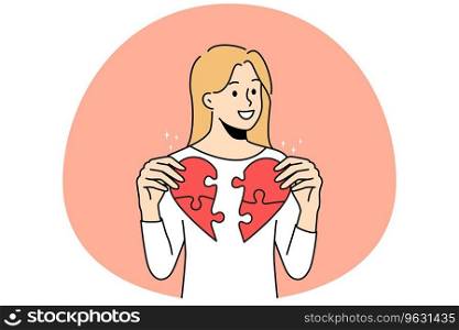 Smiling young woman con≠ct jigsaw puzz≤s∫o heart. Happy girl join parts cure broken heart search for love. Vector illustration.. Smiling woman con≠ct broken heart