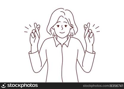 Smiling young woman cross fingers make wish. Happy female do hand gesture ask or hope for best. Vector illustration.. Smiling cross fingers make wish