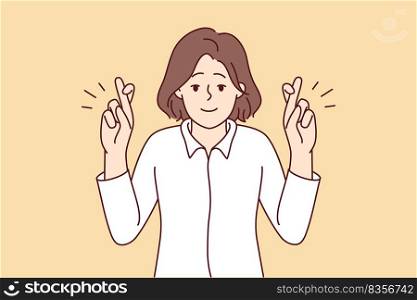 Smiling young woman cross fingers make wish. Happy female do hand gesture ask or hope for best. Vector illustration.. Smiling cross fingers make wish