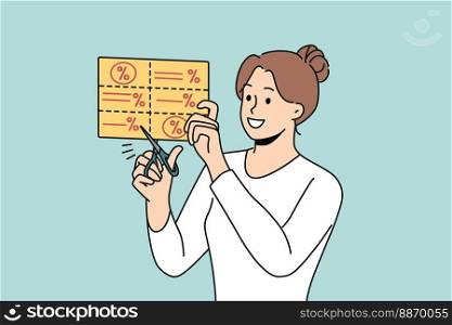 Smiling young woman cut promotion codes from newspaper. Happy female buyer use discount or sale coupons for lowest price. Consumerism. Vector illustration. . WebSmiling woman cut promotion coupons
