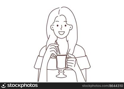 Smiling young woman drink coffee from glass cup. Happy girl enjoy latte or cappuccino with straw. Vector illustration. . Smiling woman drinking late coffee with straw