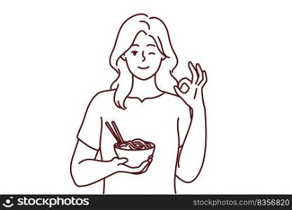 Smiling young woman eating Asian food show all right hand gesture. Happy girl enjoy noodles recommend restaurant. Recommendation. Vector illustration.. Smiling woman recommend food show ok gesture