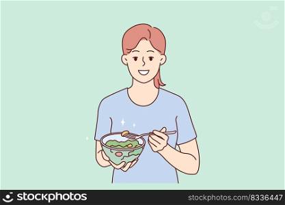 Smiling young woman eating healthy salad follow diet. Happy girl enjoy vegetable meal care about good habits. Nutrition and vegetarian lifestyle. Vector illustration. . Smiling woman eating healthy vegetable salad 