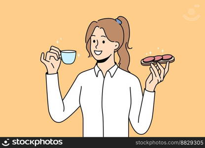 Smiling young woman eating sandwich drinking coffee. Happy girl enjoy lunch with bread and tea. Food break. Vector illustration. . Smiling woman eating sandwich drinking coffee