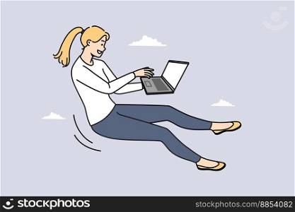 Smiling young woman flying in air working on laptop online. Happy female busy with computer job. Freelance and business concept. Vector illustration. . Smiling woman fly in air work on laptop online 