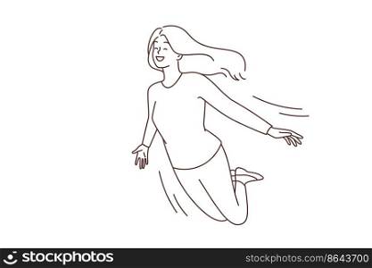 Smiling young woman flying in sky among clouds. Happy girl dreaming or visualizing. Dreamer in imaginations and fantasies. Vector illustration. . Smiling woman flying in sky