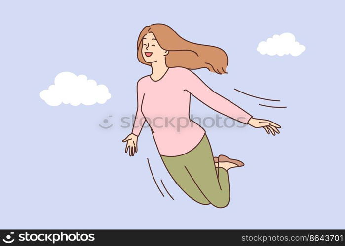 Smiling young woman flying in sky among clouds. Happy girl dreaming or visualizing. Dreamer in imaginations and fantasies. Vector illustration. . Smiling woman flying in sky