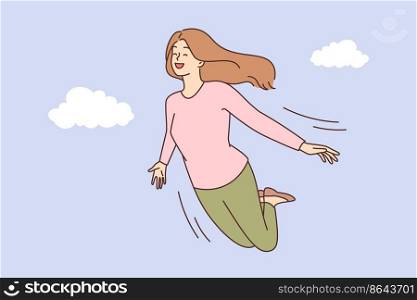Smiling young woman flying in sky among clouds. Happy girl dreaming or visualizing. Dreamer in imaginations and fantasies. Vector illustration. . Smiling woman flying in sky