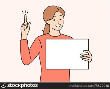 Smiling young woman hold blank poster card point up with finger. Happy girl with empty mockup placard show upward with finger. Vector illustration. . Smiling woman hold placard point up with finger 