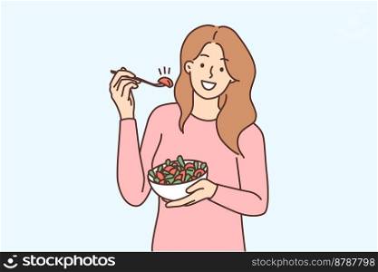 Smiling young woman hold bowl eat vegetable salad. Happy female follow healthy lifestyle enjoy vegetarian meal. Diet and nutrition. Vector illustration. . Smiling woman eating salad 