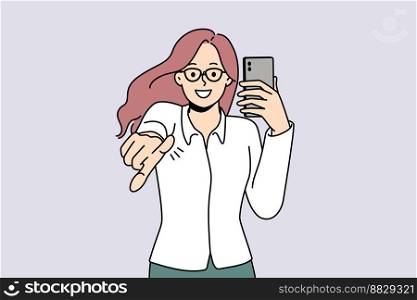 Smiling young woman hold cellphone point at screen. Happy girl with smartphone in hands show with finger at camera make choice. Vector illustration. . Smiling woman with cellphone point at screen 