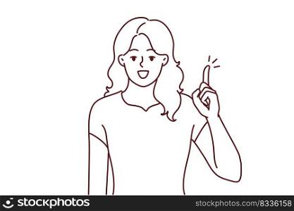 Smiling young woman hold finger up develop good idea. Happy motivated female generate issue solve problem. Vector illustration. . Smiling woman with finger up generate idea 