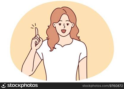 Smiling young woman hold finger up develop good idea. Happy motivated female generate issue solve problem. Vector illustration.. Smiling woman with finger up generate idea