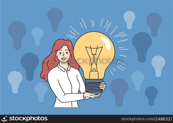 Smiling young woman hold huge lightbulb brainstorm generate creative business ideas. Happy female with light bulb create innovative solutions or launch project. Flat vector illustration. . Smiling woman with lightbulb generate business ideas 