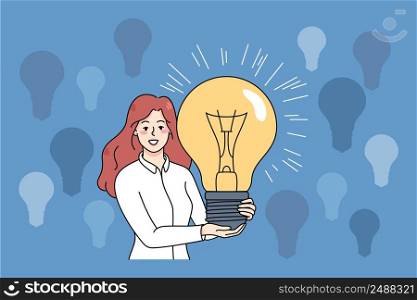 Smiling young woman hold huge lightbulb brainstorm generate creative business ideas. Happy female with light bulb create innovative solutions or launch project. Flat vector illustration. . Smiling woman with lightbulb generate business ideas 