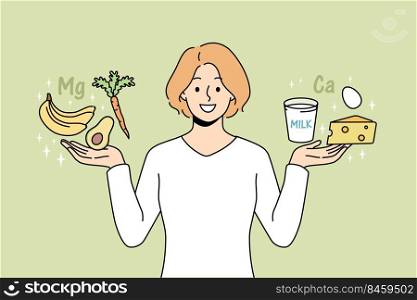 Smiling young woman holding calcium and magnesium products in hands. Happy female follow healthy lifestyle. Diet and nutrition. Vector illustration.. Smiling woman holding magnesium and calcium products