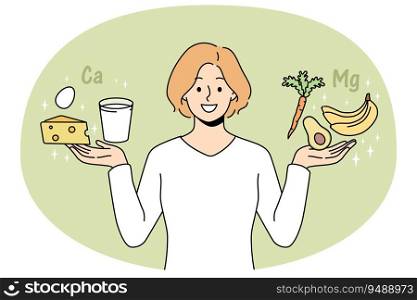 Smiling young woman holding calcium and magnesium products in hands. Happy female follow healthy lifestyle. Diet and nutrition. Vector illustration.. Smiling woman holding magnesium and calcium products