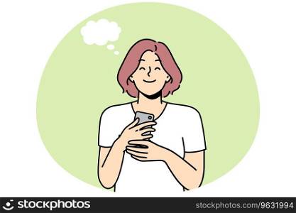 Smiling young woman holding cellphone excited with good message or text. Happy girl with speech bubble above head satisfied with news on smartphone. Vector illustration.. Smiling woman excited with good smartphone message