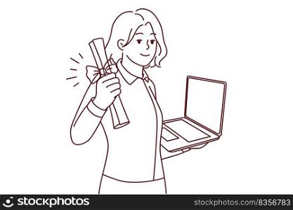 Smiling young woman holding diploma and laptop in hands graduate from university online. Happy female student excited with college graduation remotely. Vector illustration.. Smiling woman hold diploma and laptop in hands