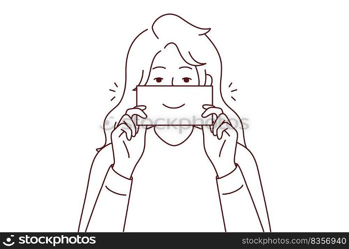 Smiling young woman holding paper with smile. Happy girl with note show smirk. Good mood and laughter. Vector illustration. . Happy woman show paper with smile