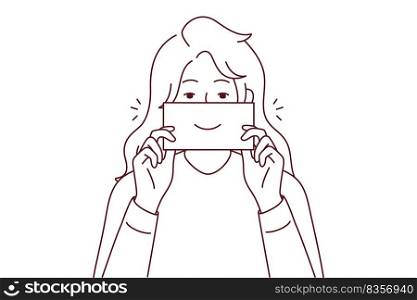 Smiling young woman holding paper with smile. Happy girl with note show smirk. Good mood and laughter. Vector illustration. . Happy woman show paper with smile