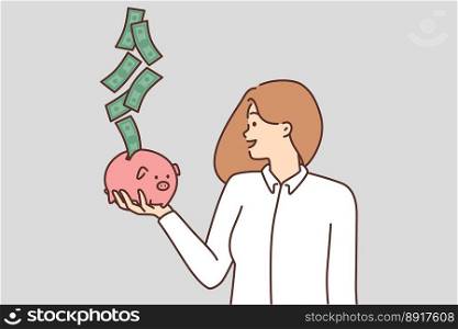 Smiling young woman holding piggybank with banknotes falling inside. Happy provident female with piggy bank excited with savings. Finance stability. Vector illustration. . Smiling woman with piggybank excited with cash flow