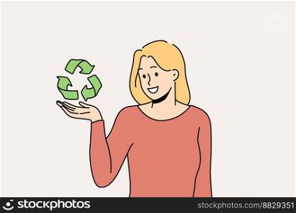 Smiling young woman holding recycle sign in hands care about planet conservation and protection. Happy female activist or volunteer with recycling symbol. Vector illustration. . Smiling woman with recycling symbol 
