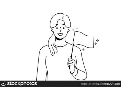 Smiling young woman holding UK flag in hands. Happy female with British national sign. Vector illustration. . Smiling woman hold in hands UK flag