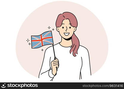 Smiling young woman holding UK flag in hands. Happy female with British national sign. Vector illustration.. Smiling woman hold in hands UK flag