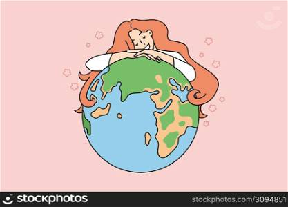 Smiling young woman hug planet Earth show love and care to nature. Happy girl embrace globe demonstrate environment protection and safety. Ecology awareness. Flat vector illustration. . Woman hug planet earth showing love and care