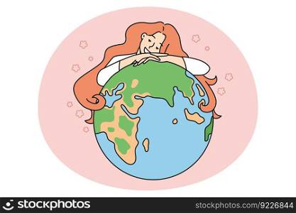 Smiling young woman hug planet Earth show love and care to nature. Happy girl embrace globe demonstrate environment protection and safety. Ecology awareness. Flat vector illustration.. Woman hug planet earth showing love and care