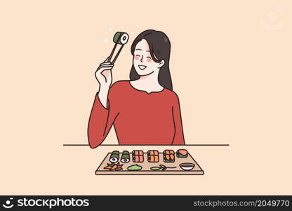 Smiling young woman in modern Japanese restaurant eating sushi with chopsticks. Happy millennial girl enjoy delicious japan food in cafe. International traditional cuisine. Vector illustration. . Smiling woman eating sushi in Japanese restaurant