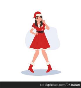 Smiling Young Woman in Santa Claus Costume. Beautiful Girl in Santa Claus Outfit.  Festive Holiday Illustration.