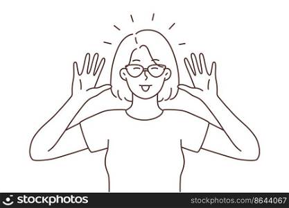 Smiling young woman in sunglasses make funny face expression. Happy girl have fun showing hand gesture. Vector illustration. . Smiling woman show funny face expression 