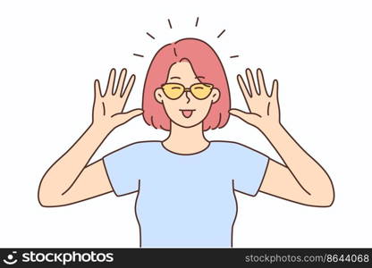 Smiling young woman in sunglasses make funny face expression. Happy girl have fun showing hand gesture. Vector illustration. . Smiling woman show funny face expression 