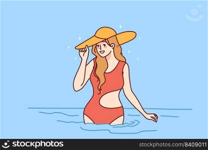 Smiling young woman in swimsuit and summer hat posing in sea on vacation. Beautiful fit girl in bikini enjoy holidays at resort. Travel concept. Vector illustration.. Smiling woman in swimsuit in sea
