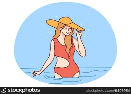 Smiling young woman in swimsuit and summer hat posing in sea on vacation. Beautiful fit girl in bikini enjoy holidays at resort. Travel concept. Vector illustration.. Smiling woman in swimsuit in sea