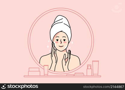 Smiling young woman in towel after shower look in mirror do morning facial care procedures. Happy girl apply face cream for healthy skin. Skincare treatment and beauty. Flat vector illustration. . Smiling woman do morning beauty face procedures