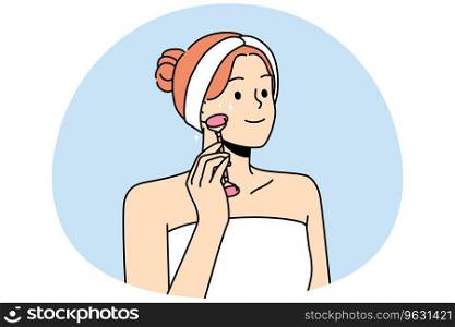 Smiling young woman in towel make face massage with beauty roller. Happy girl do facial treatment in bathroom. Skincare concept. Vector illustration.. Smiling woman do face roller massage