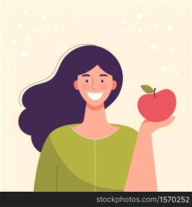 Smiling young woman is eating an apple. Diet food, healthy lifestyle, vegetarian food, raw food diet. Student snack. Flat cartoon vector illustration.