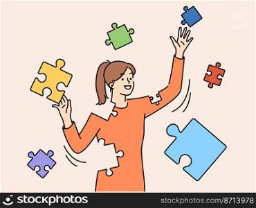 Smiling young woman join jigsaw rebuild personality. Happy female with puzzles look for pieces missing in body for identity recovery. Mental problem. Vector illustration. . Smiling woman connect puzzles rebuild personality 