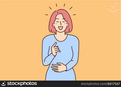 Smiling young woman laugh at funny joke. Overjoyed millennial girl have fun giggle at prank or trick. Humor and good mood. Vector illustration. . Happy woman laugh at funny joke
