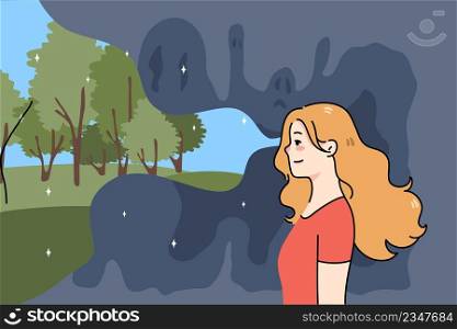 Smiling young woman look at world in optimistic positive light. Happy girl focus on good things ignore bad and negative. Stress free concept. Optimism and positivity. Vector illustration. . Smiling woman look at world in good light 