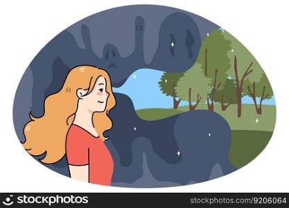 Smiling young woman look at world in optimistic positive light. Happy girl focus on good things ignore bad and negative. Stress free concept. Optimism and positivity. Vector illustration.. Smiling woman look at world in good light