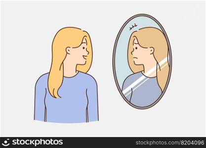Smiling young woman look in mirror see unhappy upset face suffer from depression or mental problems. Girl with mood swings struggle with personality disorder. Vector illustration. . Smiling woman look in mirror see unhappy face 