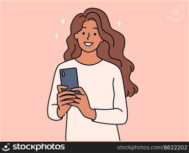 Smiling young woman make self-portrait on cellphone. Happy African American girl take selfie on smartphone. Vector illustration. . Smiling woman make selfie on cellphone
