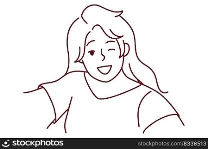 Smiling young woman make selfie on camera. Happy girl have fun take self-portrait picture on cellphone. Vector illustration. . Smiling woman make selfie on camera 