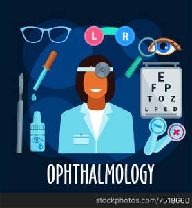 Smiling young woman ophthalmologist with eye examination equipments and medicines flat icon of visual acuity testing chart, eye occluders, glasses and eye drops, eye, magnifier and scalpel. Optometrist profession and eye examination symbol
