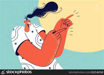 Smiling young woman point at good sale deal or offer. Overjoyed girl show empty advertisement placement. Client recommendation. Vector illustration.. Young woman point ta good offer